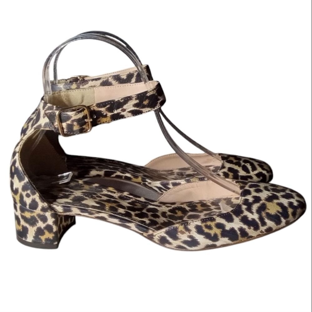 J. Crew Leopard Print Ankle Strap Leather Block Heel Sandals Italy Size 7